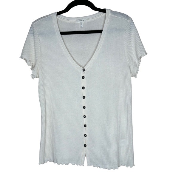 Maurices Ivory White Button Down Ruffle Ribbed V-neck Top‎ Women's Size L - Picture 1 of 7